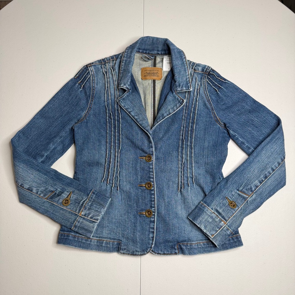 Levis Denim Blazer Jacket Womens Small Blue Pintuck Pleated Stretch Jean Coat